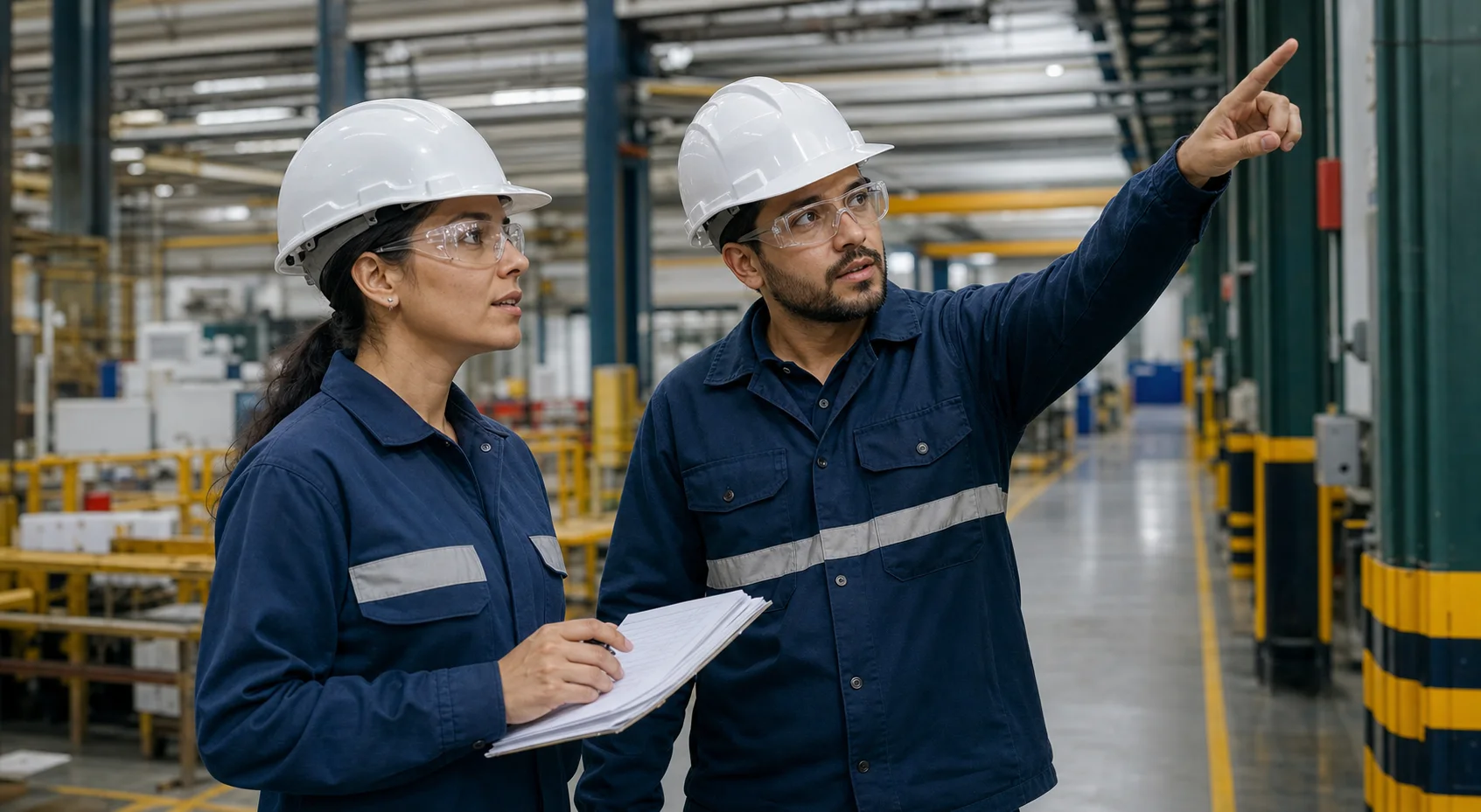 Profissionais de segurança realizando inspeção técnica em uma indústria